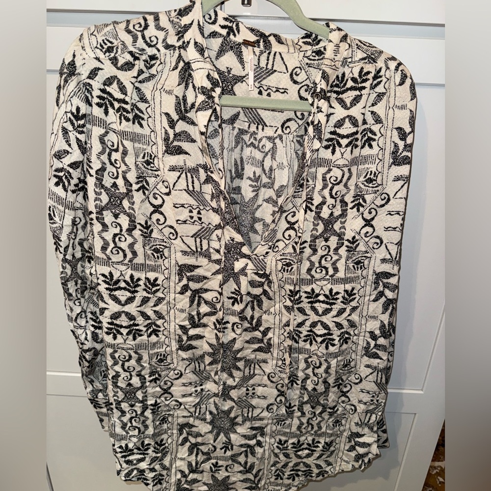 Free People Boho Printed Tie Neck Blouse Medium Oversized Viscose Top| M|✌🏽